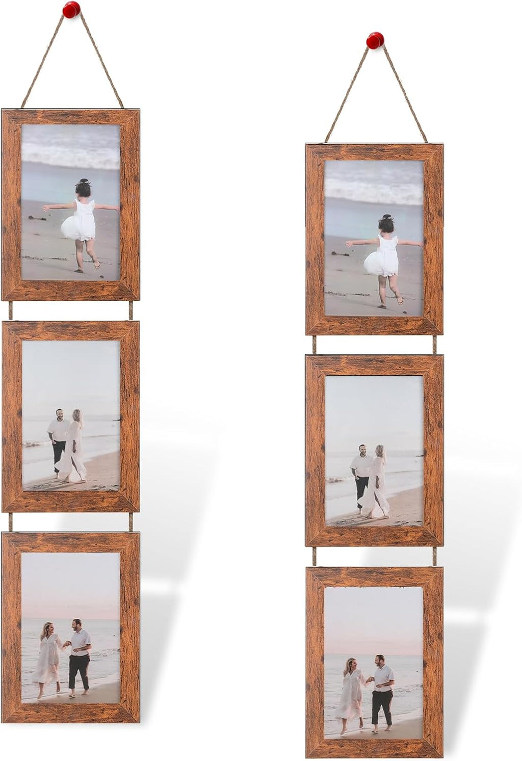 4x6 Rustic Brown Hanging Collage Picture Frames Set of 2, 3 Openings Collage Photo Frames Rustic Wooden Real Glass Vertical Hanging