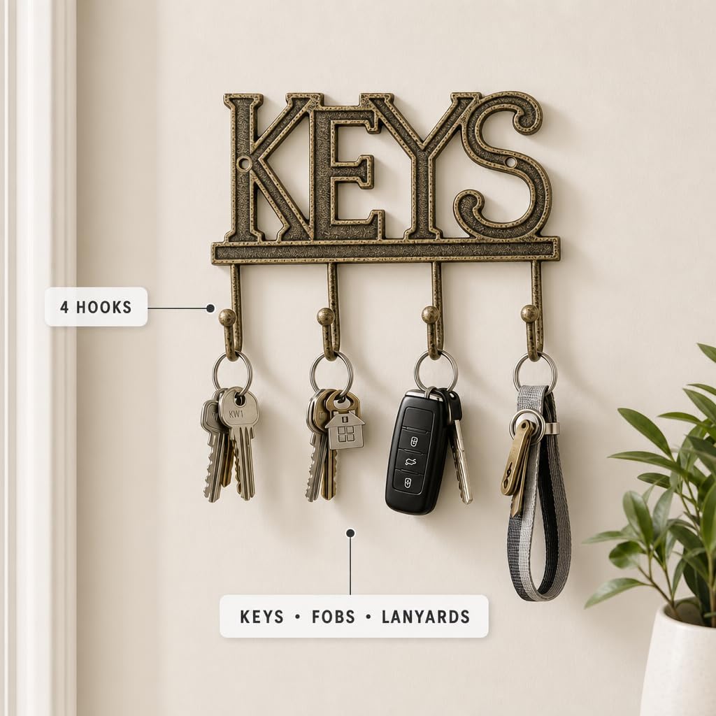 Comfify Gold-Black Cast Iron Key Holder for Wall – Keys Sign with 4 Hooks