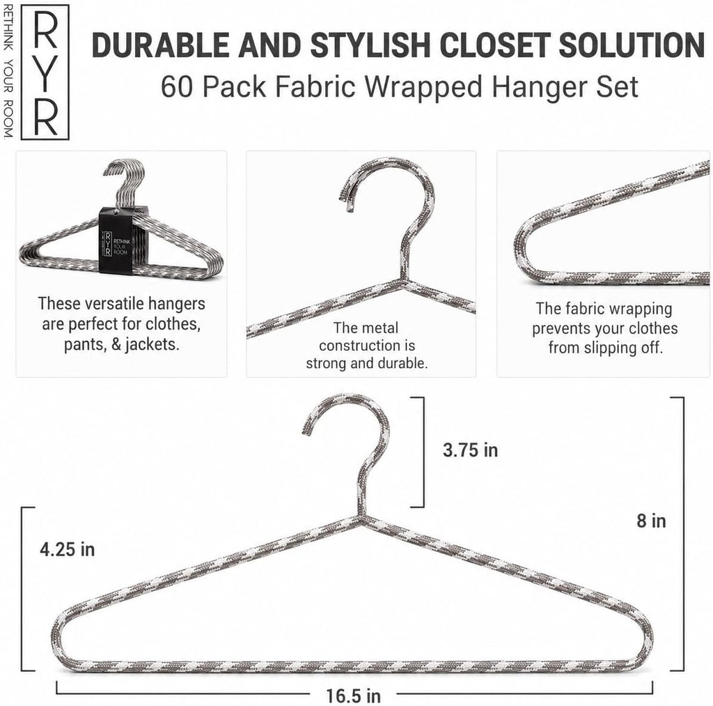 Clothes Hangers 60 Pack – Space Saving Fabric & Metal Hangers, Non-Slip Pant & Coat Hangers, Room Essentials, Closet, Durable Wardrobe Storage, Suits & Pants – Natural/White
