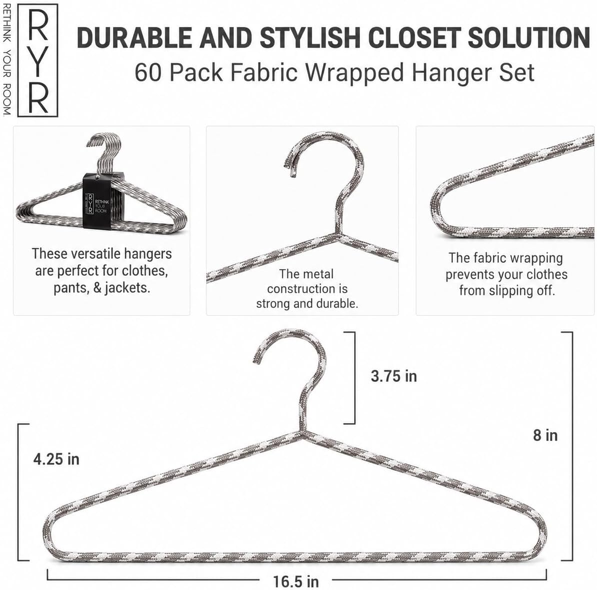 Clothes Hangers 60 Pack – Space Saving Fabric & Metal Hangers, Non-Slip Pant & Coat Hangers, Room Essentials, Closet, Durable Wardrobe Storage, Suits & Pants – Natural/White