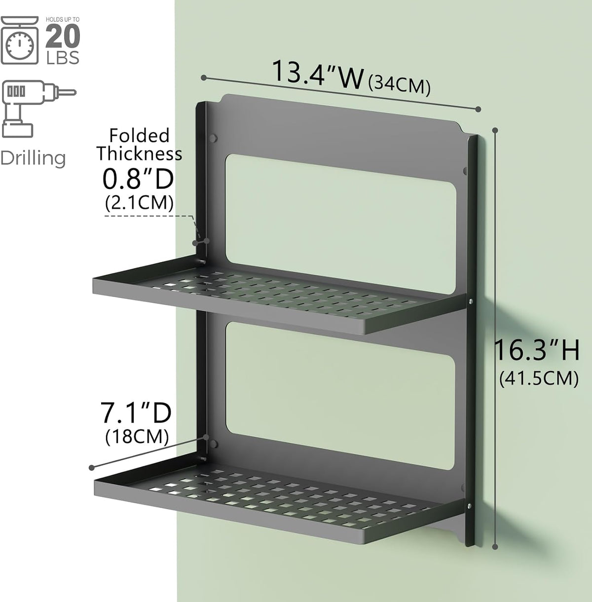 2-Tier Folding Metal Shelf Wall Mounted | Small Foldable Wall Shelf | Dorp Down | Combined Stackable | Double Layer Small Floating Shelf for Laundry Room Bathroom Utility RV | 13.4" (Black)
