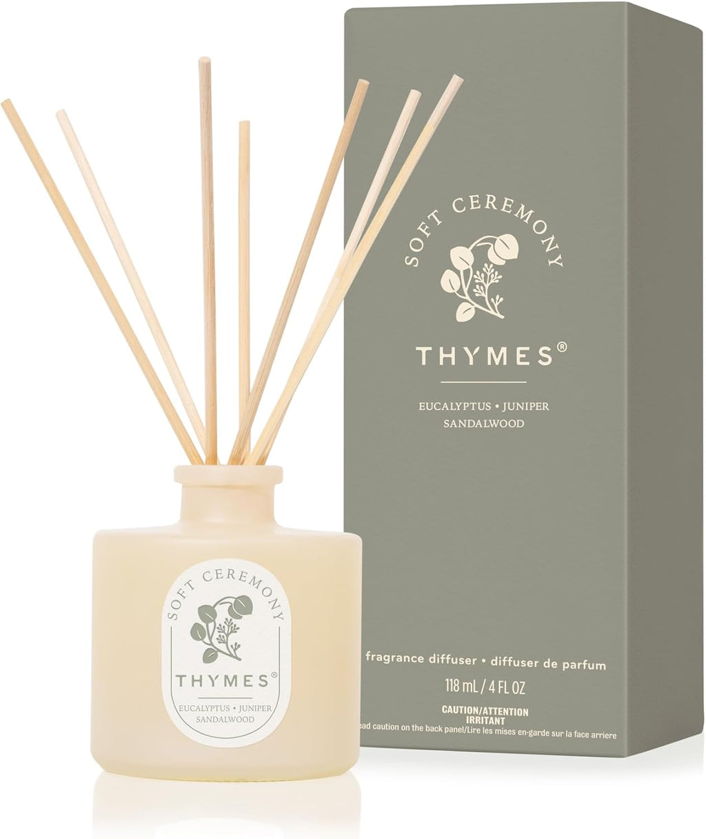 Thymes Petite Oil Reed Diffuser Set – Includes Reeds, Fragrance Oil & Glass Bottle – Luxury Scent Diffusers for Home Decor – Notes of Eucalyptus Leaf, Juniper & Sandalwood (Soft Ceremony, 4 fl oz)