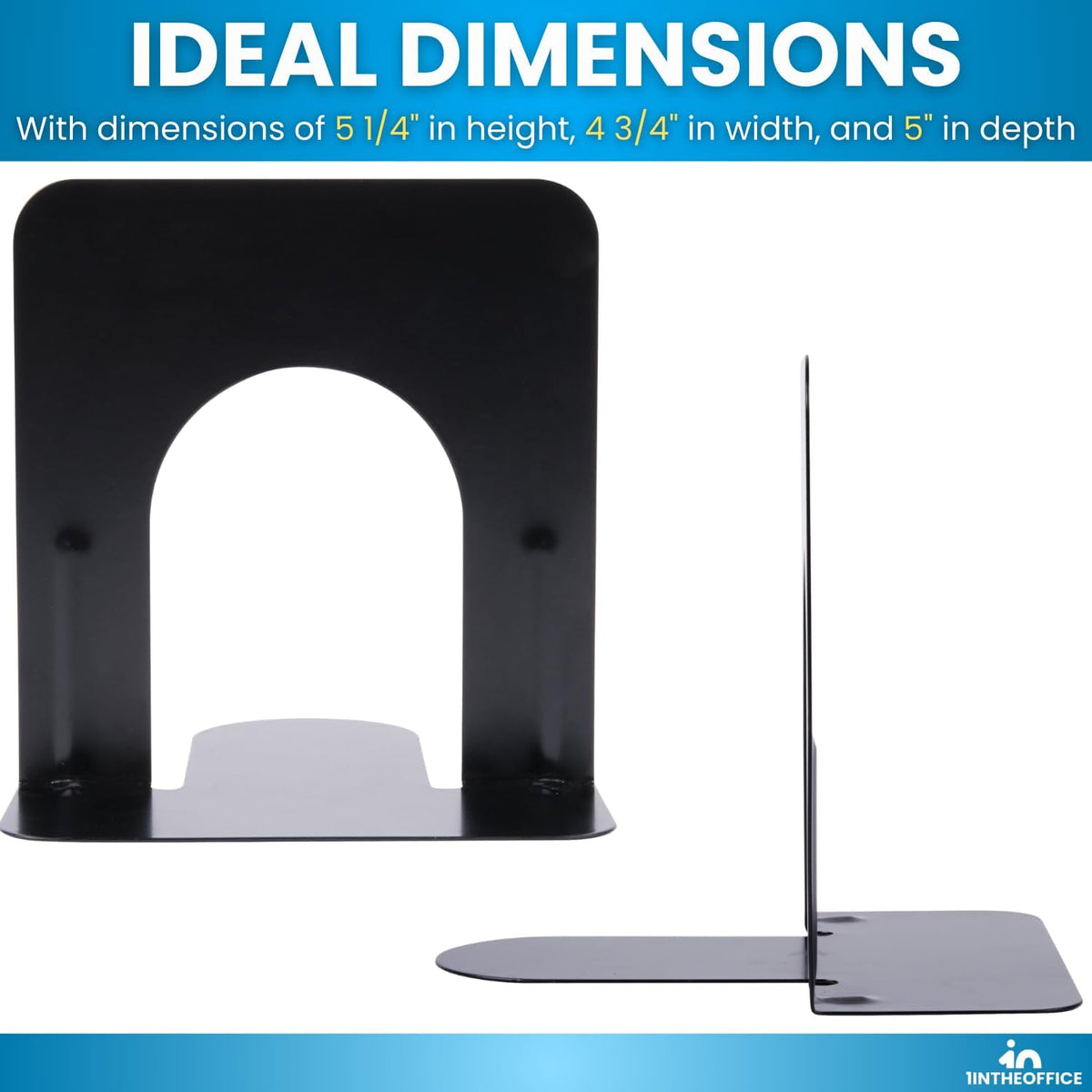 1InTheOffice Bookends for Shelves, Metal Bookends, 5 1/4" x 4 3/4" x 5", Non-Slip, Black, 4 Pack