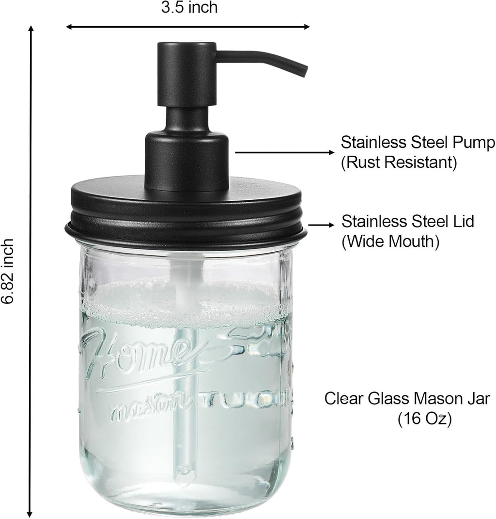 SheeChung 16oz Mason Jar Soap Dispenser, Black Stainless Steel Pump, 2 Pack