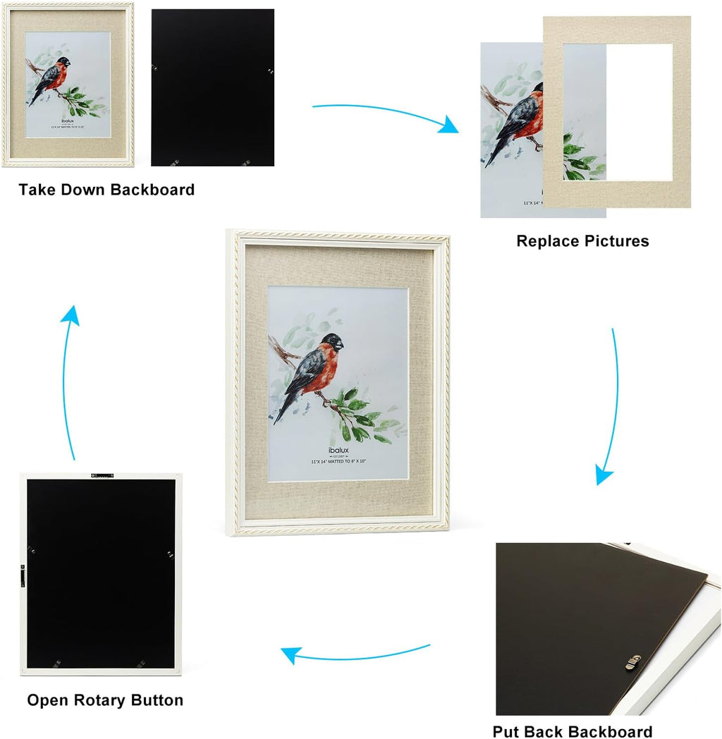 11x14 Picture Frame Pine Wood with Real Glass, Gold-Toned Synthetic Rope Edging, Linen Matted to 8x10, Vertical and Horizontal for Wall Hanging, White