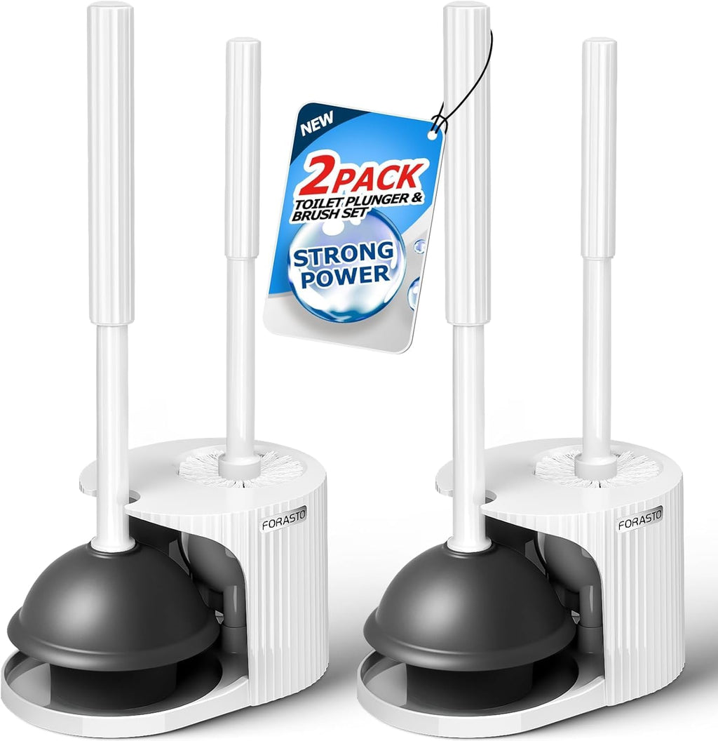 FORASTO 2Pack 2 in 1 Toilet Brush and Plunger Set, Toilet Bowl Brush Plunger Set,Extended Handle Plunger,Bathroom Cleaning Tools,Toilet Brush Plunger Combo,Cleaning Brush（Pearl White，21inch）