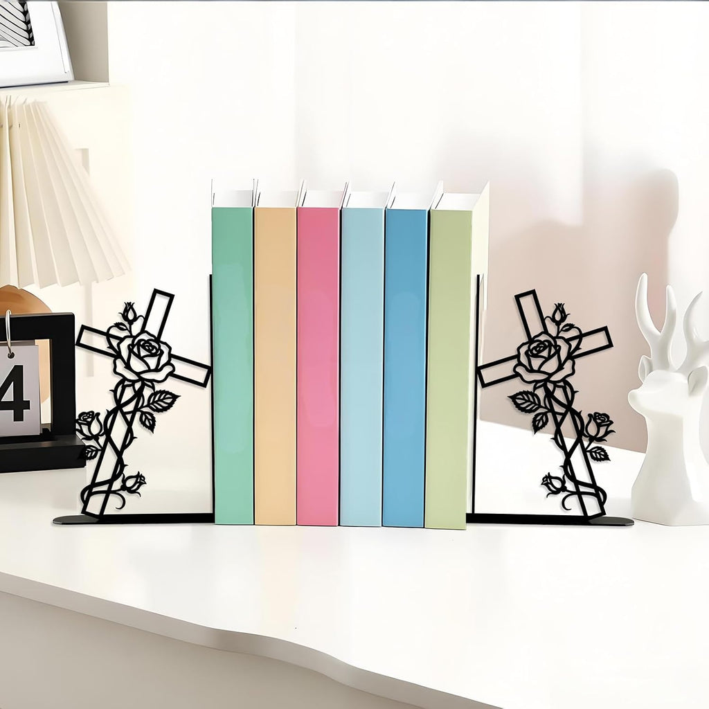 Metal Decorative Bookends Christian Cross Rose Book Ends for Shelves Faith Home Office Library Desk Decor Christian Gift for Book Lovers(Floral Cross)