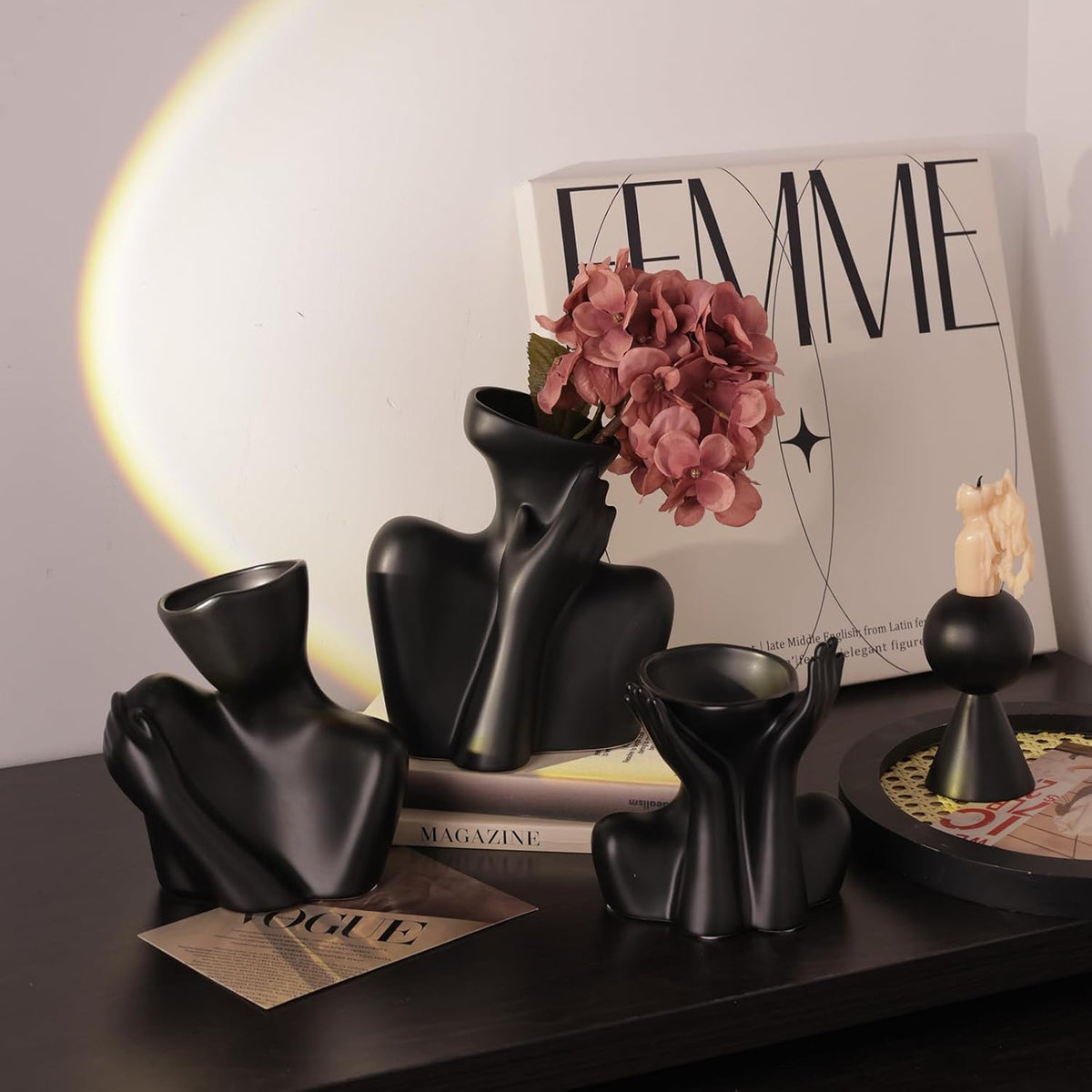 Ceramic Body Vase, Female Form Half Body Vase, Modern Minimalist Boho，Decorative Vase for Living Room, Bedroom, Shelf, Dining Table, Bathroom & Office, (Black Shoulder-Grazing Style)