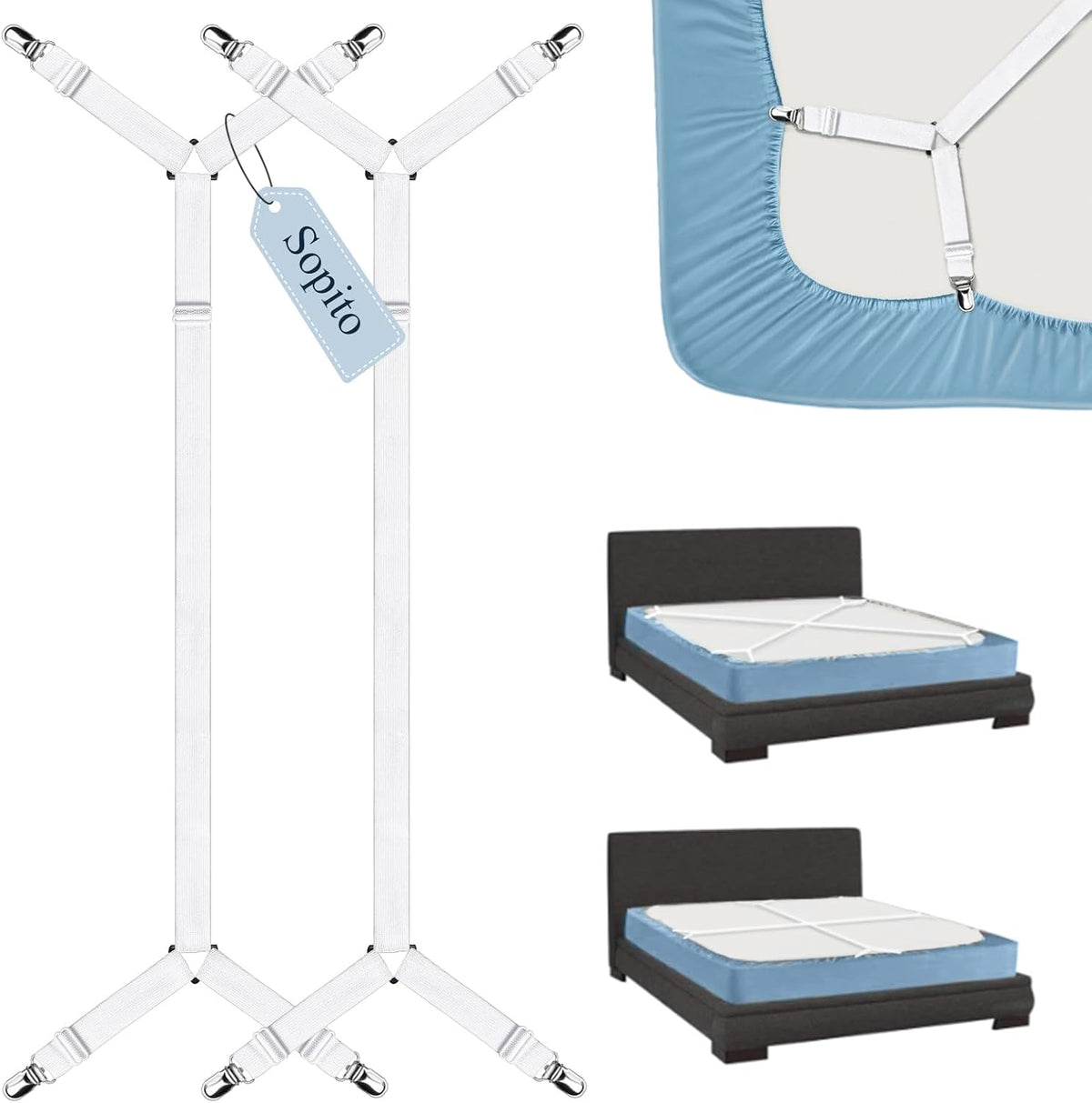 Sopito Sheet Straps, Adjustable Bed Sheet Suspenders Max Stretch from 29.5 in to 82.7 in Compatible for Crib to King Size Bed, Non Slip Holder Fasteners Clips, 2pcs/White