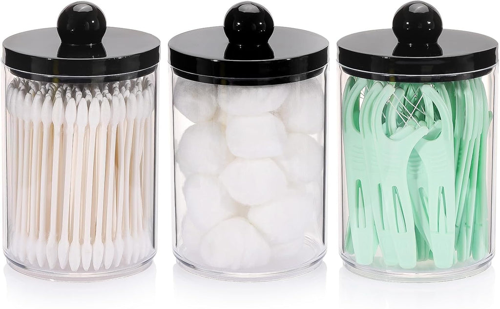 Tbestmax 10oz Qtips Holder - Bathroom Organizers and Storage Containers Plastic Apothecary Jar with Black Lids for Cotton Swab, Cotton Round Pads, Floss - Black