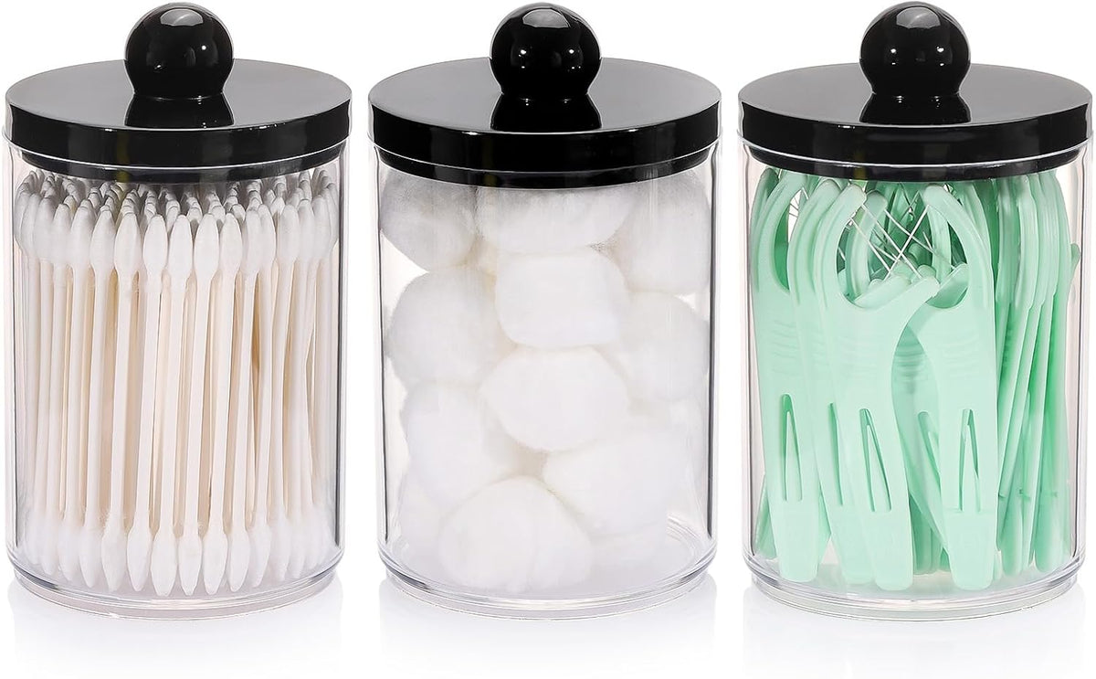 Tbestmax 10oz Qtips Holder - Bathroom Organizers and Storage Containers Plastic Apothecary Jar with Black Lids for Cotton Swab, Cotton Round Pads, Floss - Black