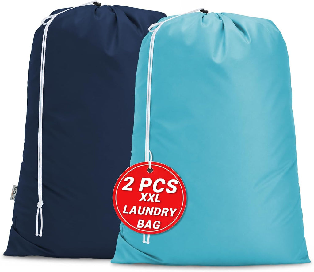 2 Pack XL Laundry Bags, Extra Heavy Duty Large Laundry Bag with Drawstring Closure, Machine Washable Clothes Organizer for Hamper, College Dorm, Travel (Lake Blue + Navy Blue, X-Large)