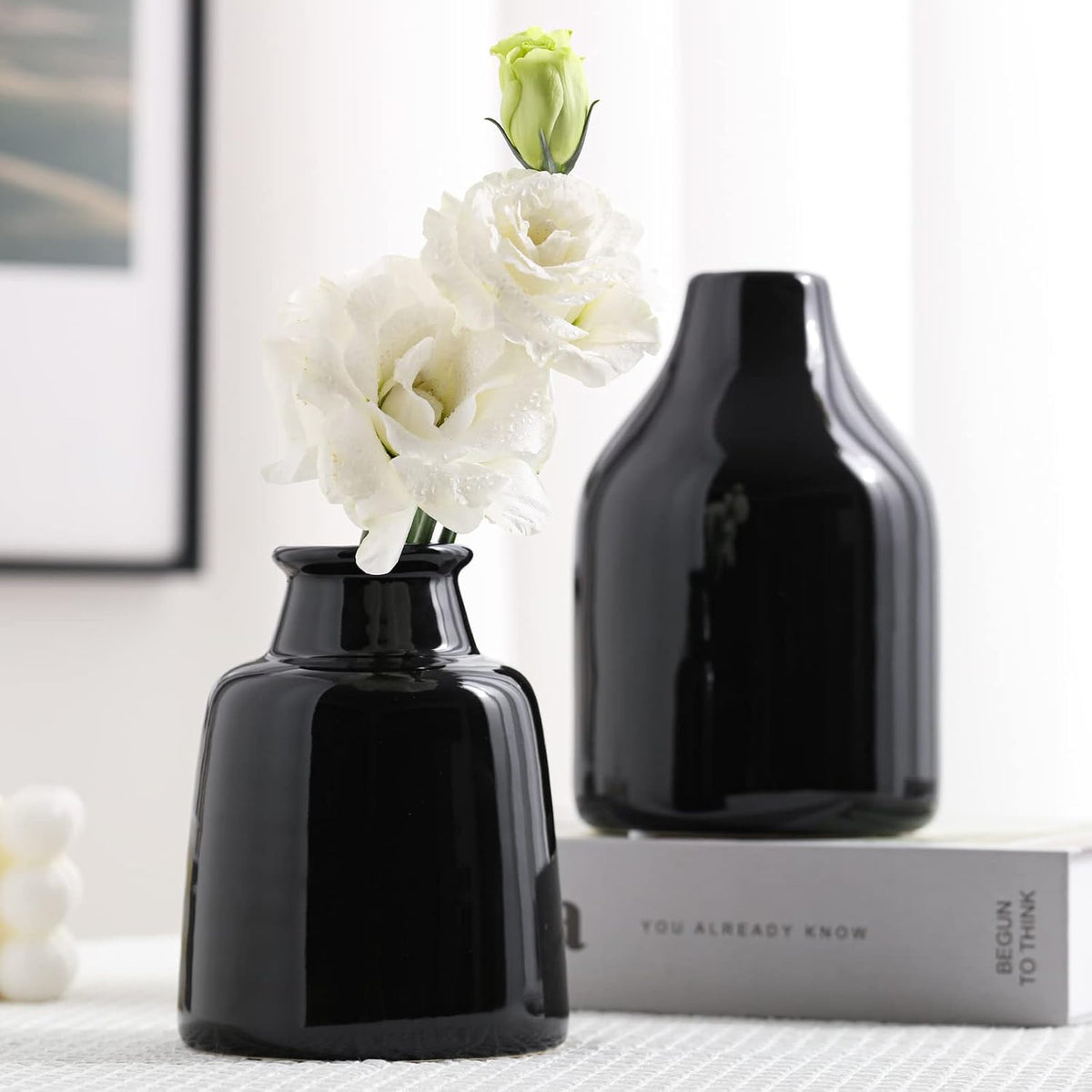 hjn Black Small Vase Set of 3 for Modern Home Decor,Ceramic Vases for Centerpieces Flower Vases for Living Room Wedding/Dinner Table/Party-Black