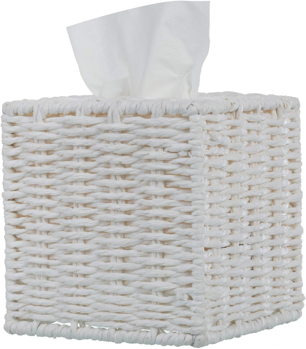 MyGift Decorative White Woven Square Tissue Box Holder with Easy Open Refill Bottom, Bathroom Decor Facial Tissues Cover with Sturdy Paper Rope Material