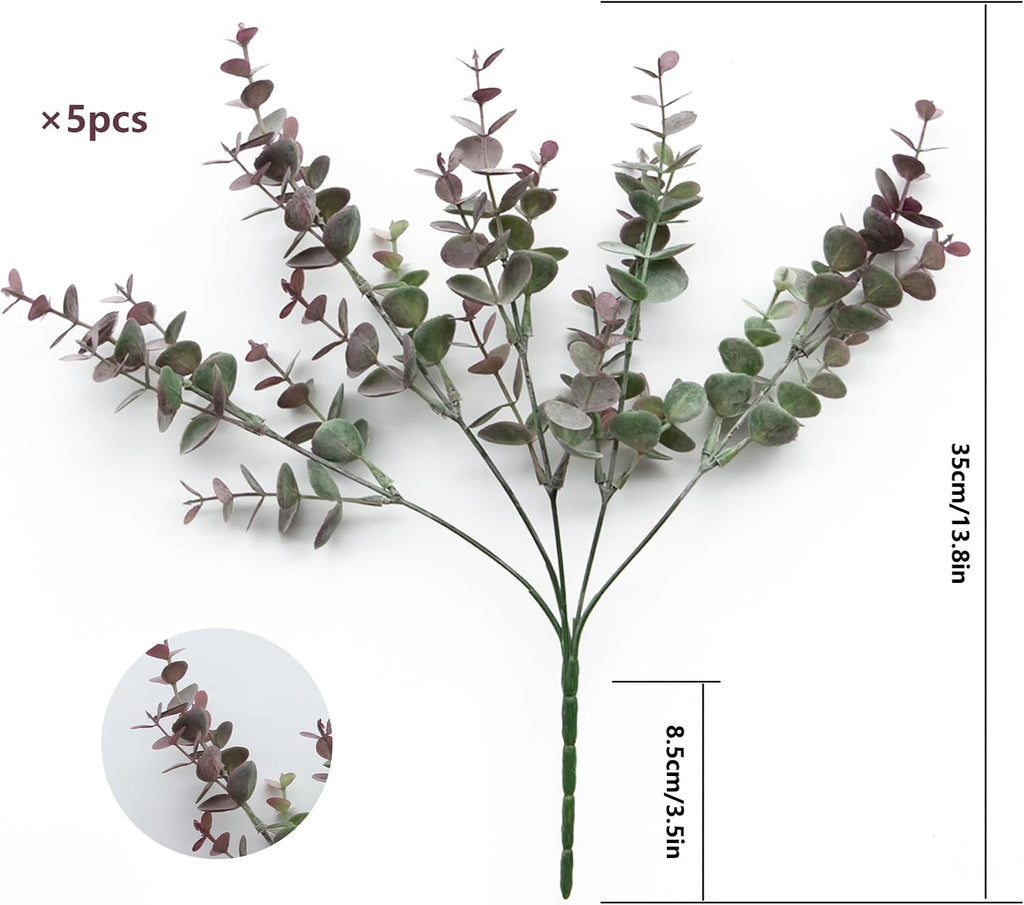 5Pcs Artificial Eucalyptus Stems，Artificial Greenery Fake Dust Frosted Eucalyptus Branches Leaves，Fake Plants for Decoration (Dusty Mauve- 13.8 in)