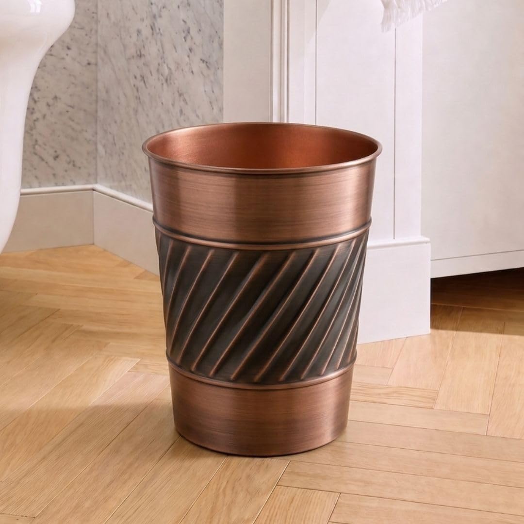 Monarch Abode Metal Bathroom Trash Can – Waste Basket for Bedroom, Office Desk, & Dorm, Handcrafted Wave Embossed, Durable Decorative Antique Copper Small Trash Can Bathroom Garbage Bin Wastebasket