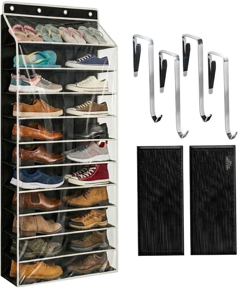 SUREMAX Super Capacity Over The Door Shoe Organizer, 11-Tier Hanging Shoe Rack for Closet Door Fits 33 Pairs, Clear PVC Behind The Door Storage Organizer with Heavy Duty Hooks & Loop Fastener, Black