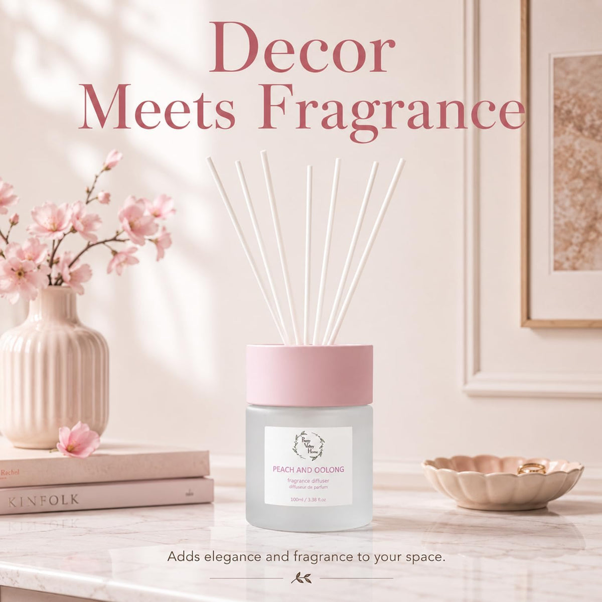 Reed Diffuser Set, Pretty Valley Home Diffuser 100Ml / 3.38fl OZ Gift Box - Includes Reed Diffuser Sticks, Fragrance Oil, and Glass Bottle for Bathroom Office Living Room Decor (White Peach & Oolong)
