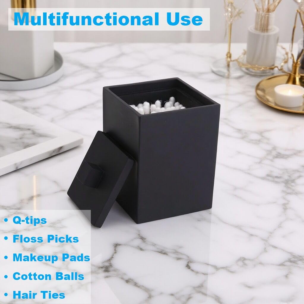 Square Cotton Swab Holder with Lid, Matte Black Qtip Holder Bathroom