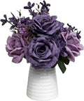Artificial Purple Rose Arrangement in White Ceramic Vase, 10 Inch Silk Flowers with Foliage, Modern Contemporary Floral Bouquet for Home, Office, Wedding Decor
