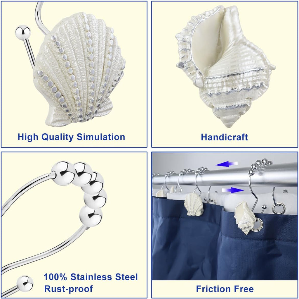 Shower Curtain Hooks Rings, 12PCS Pearl Shine Seashell Shower Rings, Anti Rust Decorative Double Glide Shower Hooks for Beach Bathroom, Baby Room, Bedroom, Living Room Décor