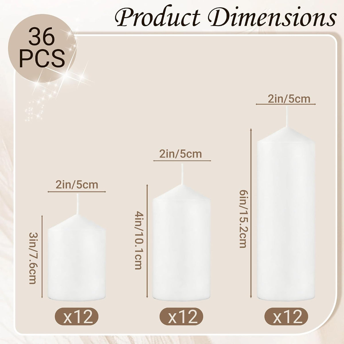36-Pack White Pillar Candles Bulk Set, 2x3, 2x4, 2x6 Inch