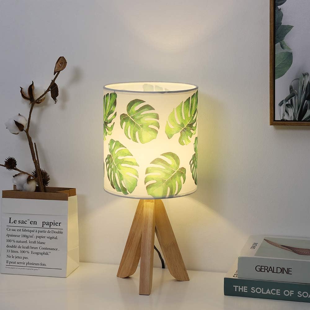 HAITRAL Small Table Lamp - Tripod Nightstand Lamp, Modern Bedside Desk Lamp for Kids Room, Girls Room, Bedroom, Dorm Room, Office with Wooden Base Fabric Lamp Shade