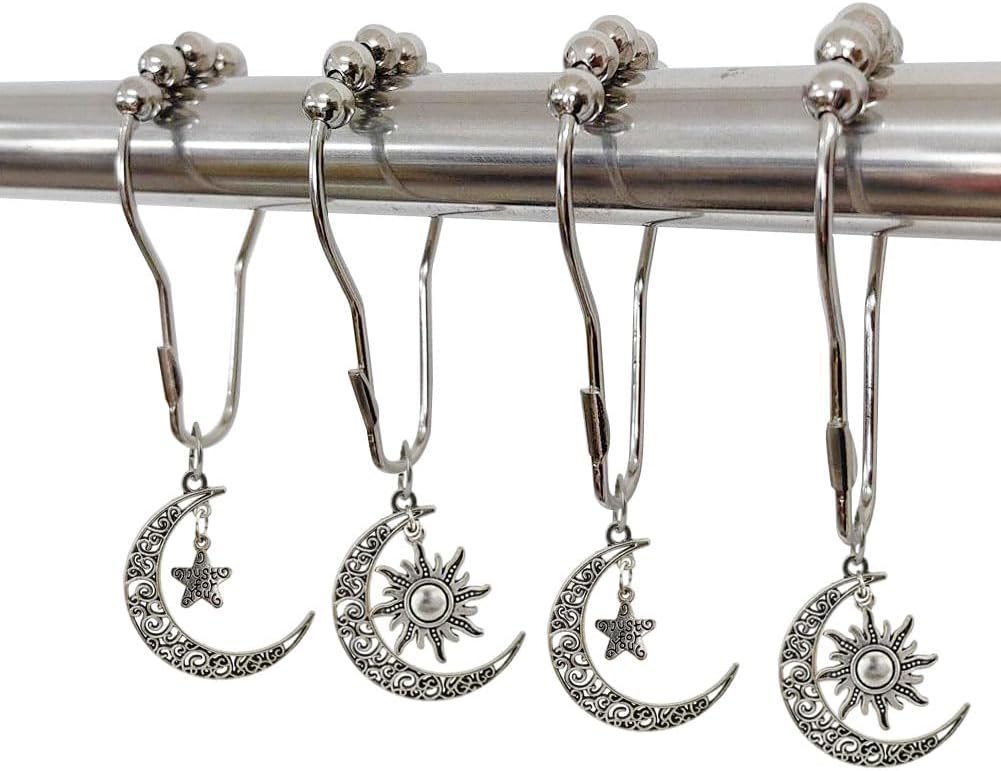 Decorative Sun Moon Celestial Shower Curtain Hooks Rings Set of 12, Silver