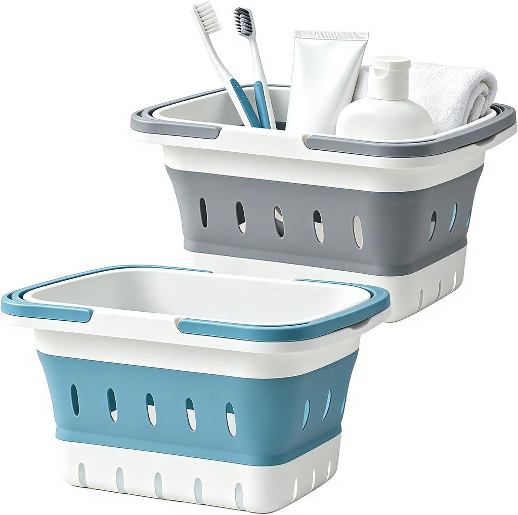 Portable Folding Plastic Bath Shower Caddy with Handle 2 Pack, Perforated, Collapse Travel Bathroom Organizer for Bedroom, College, Shower, Dorm Room, Camping and RV Use (Grey/Blue, 2 pack)
