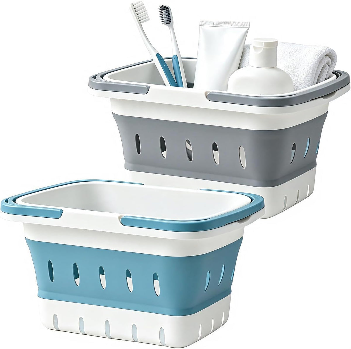 Portable Folding Plastic Bath Shower Caddy with Handle 2 Pack, Perforated, Collapse Travel Bathroom Organizer for Bedroom, College, Shower, Dorm Room, Camping and RV Use (Grey/Blue, 2 pack)