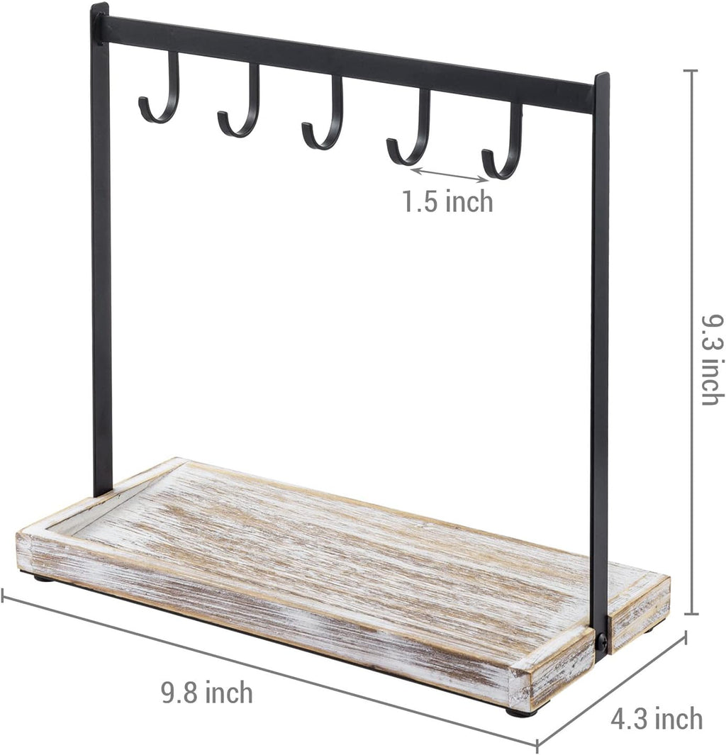 MyGift Entryway Black Metal Key Holder with 5 Hooks & Whitewashed Wood Base
