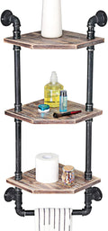 MBQQ Industrial Pipe Shelf,Rustic Corner Shelves with Towel Bar,Bathroom Shelves Wall Mounted,3 Tiered Metal&Real Wood Home Decor Floating Shelves
