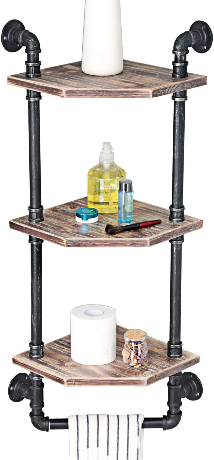 MBQQ Industrial Pipe Shelf,Rustic Corner Shelves with Towel Bar,Bathroom Shelves Wall Mounted,3 Tiered Metal&Real Wood Home Decor Floating Shelves