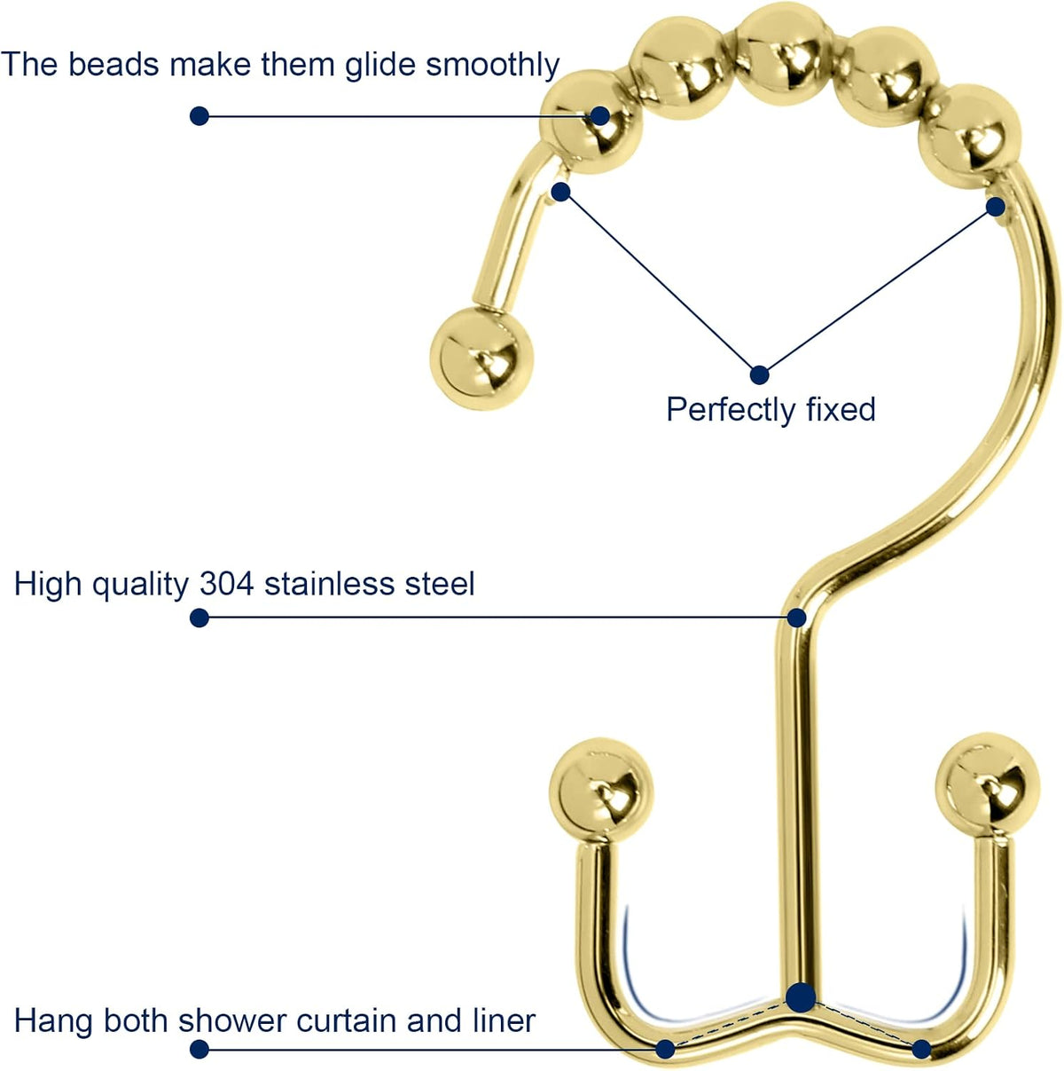 Gidse Shower Curtain Hooks,Sturdy Stainless Steel Double Sided Shower Hooks Rings for Bathroom Shower Curtain Rods Curtains Set of 12 Hooks - Gold