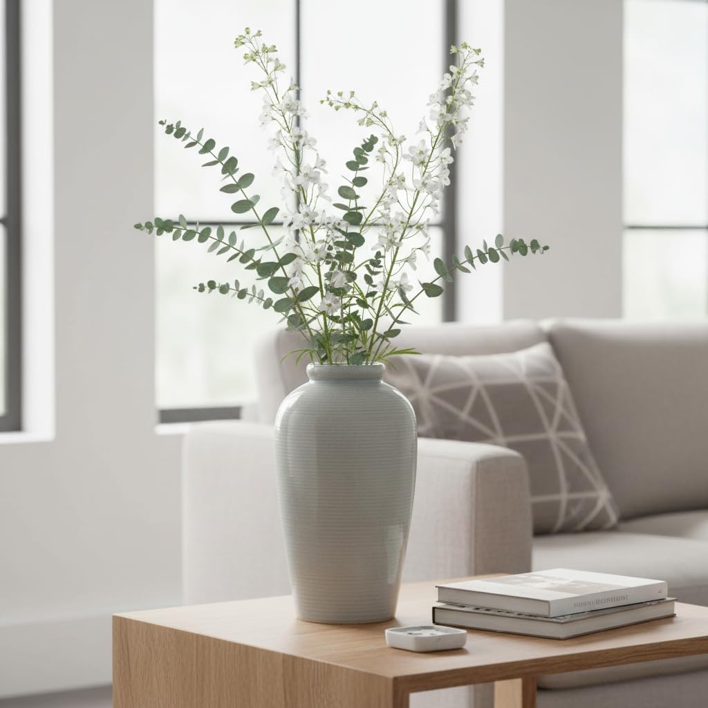 Large Modern Farmhouse Vase for Centerpieces, 11 Inch Tall Ceramic Vase - Glazed Textured Pottery Vases Home Decor, Side Table, Kitchen, Living Room Decor, Entryway, Mantel Decorations