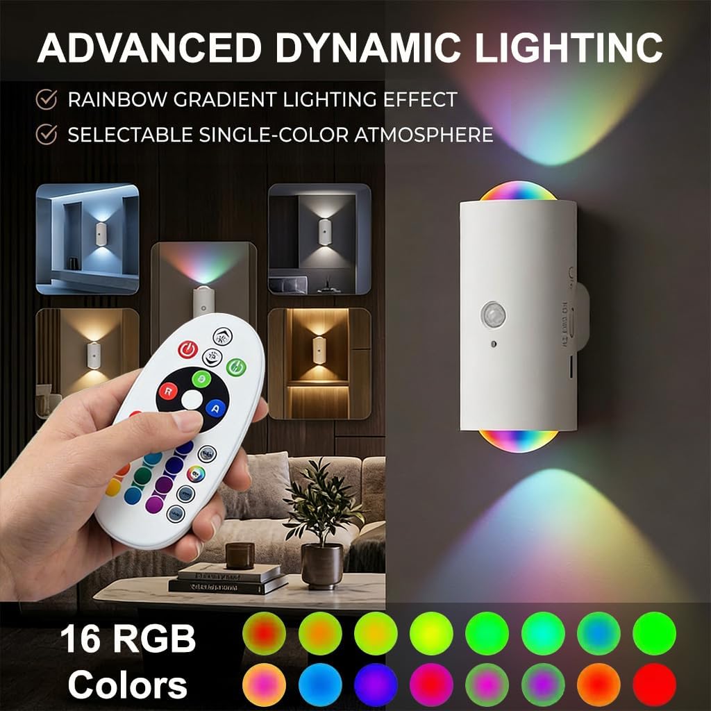 2Pack Motion Sensor Night Light with Remote Control, 16 Colors Rechargeable Stair Light, Wireless Magnetic Wall Lamp, Cordless LED Wall Night Lights for Steps, Hallway, Holiday Decor
