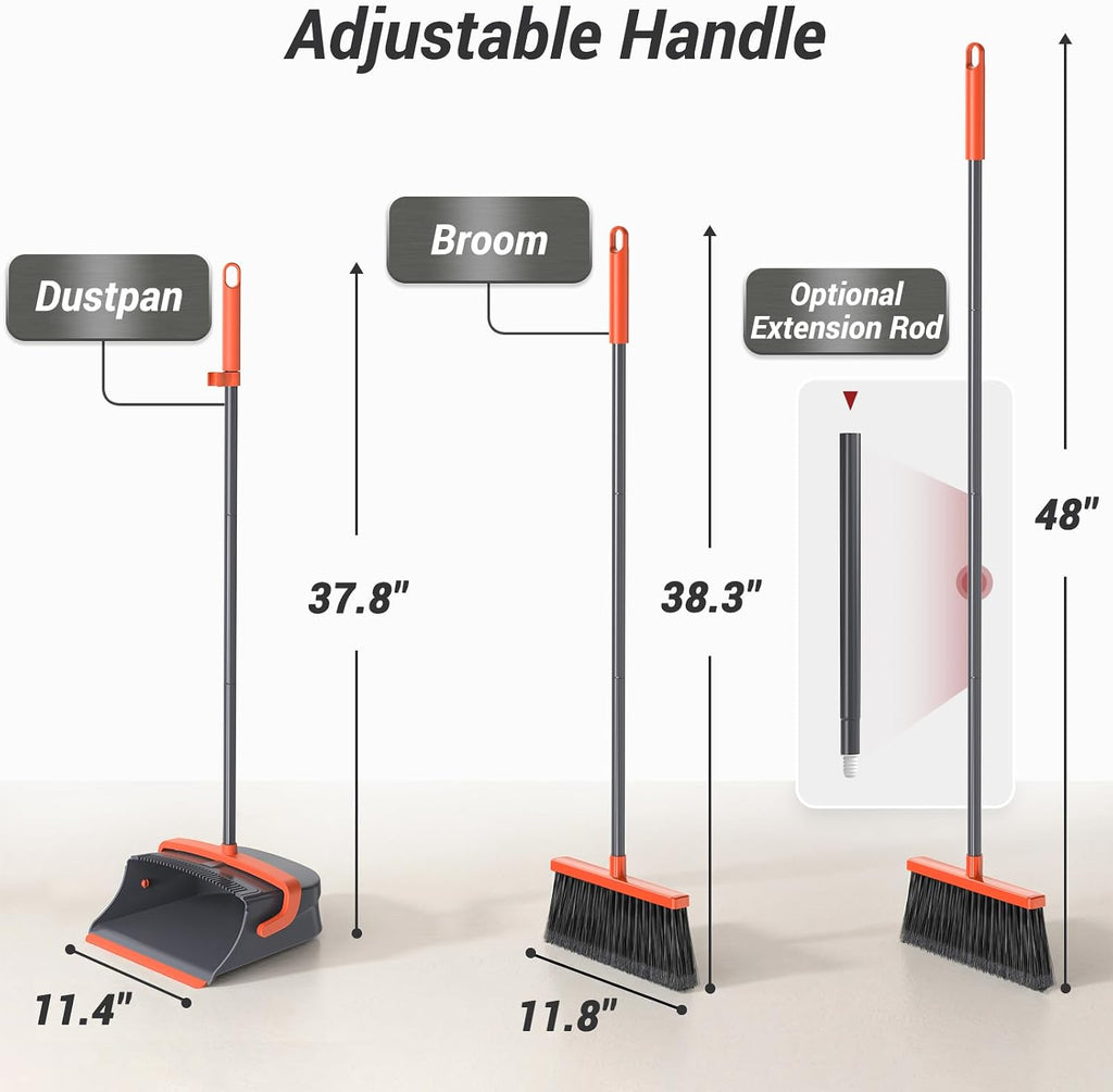 Broom with Dustpan Set for Pet Hair & Dust Cleanup, Orange & Gray