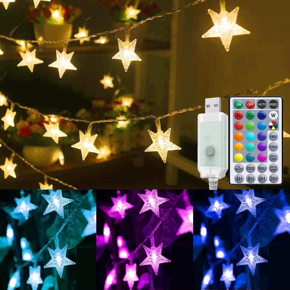 Solhice 20ft Color Changing Star String Lights for Bedroom 40 LEDs, Hanging Twinkle Fairy Lights USB Powered, Bunk Bed Light for Indoor with Remote