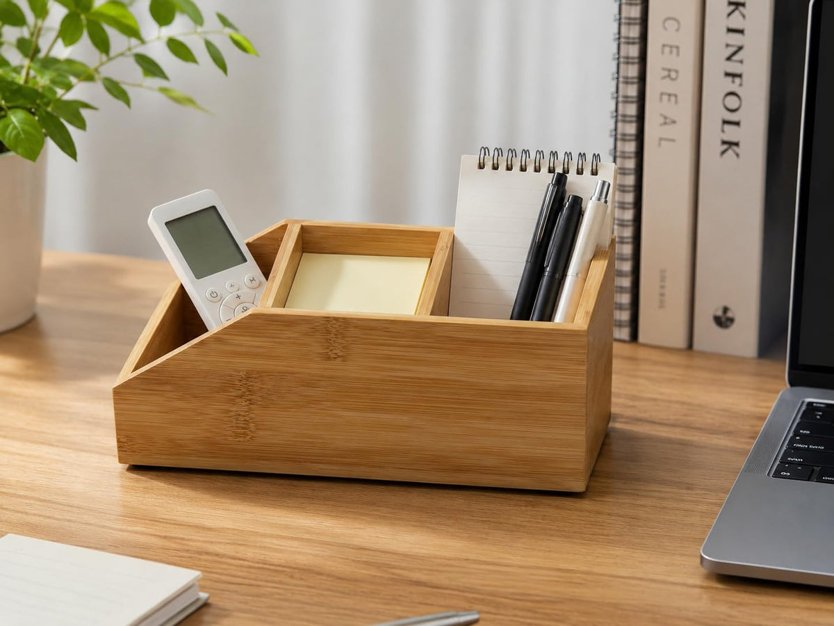 Bamboo Desk Organizer with 3 Compartments, Desktop Storage Organizer for Office Supplies, Makeup, Remote Controls and Accessories, Multi-Purpose Countertop Organizer for Home Office Desk