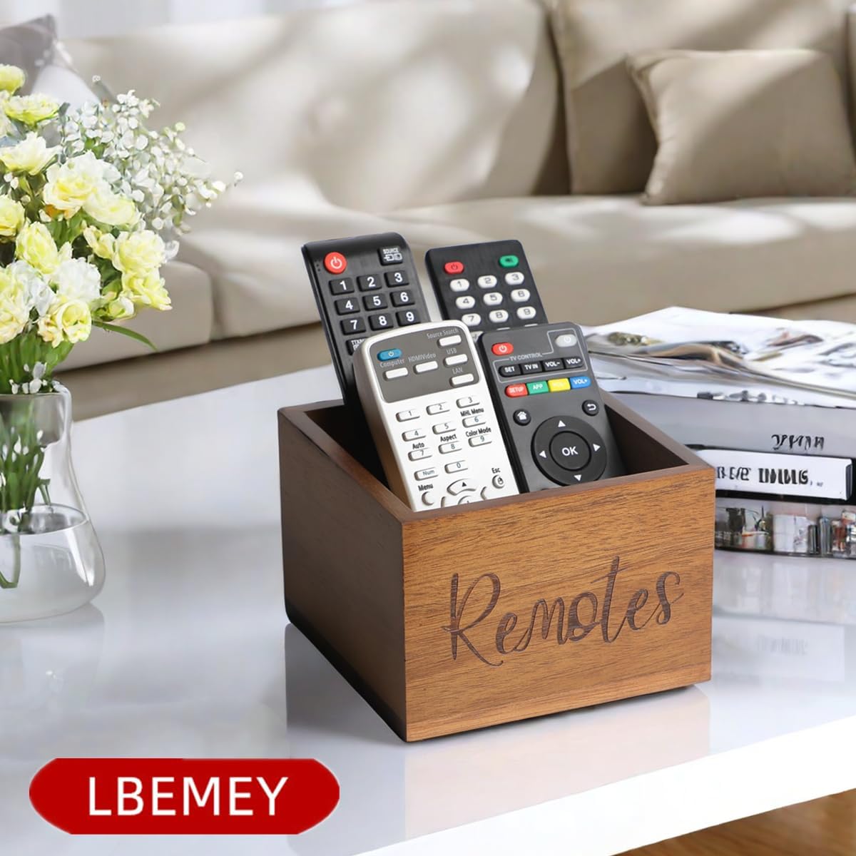 LBEMEY Acacia Wood Remote Control Holder Caddy, TV Organizer for Table, Vintage Farmhouse Desk Caddy (Brown for 3+ Controls)