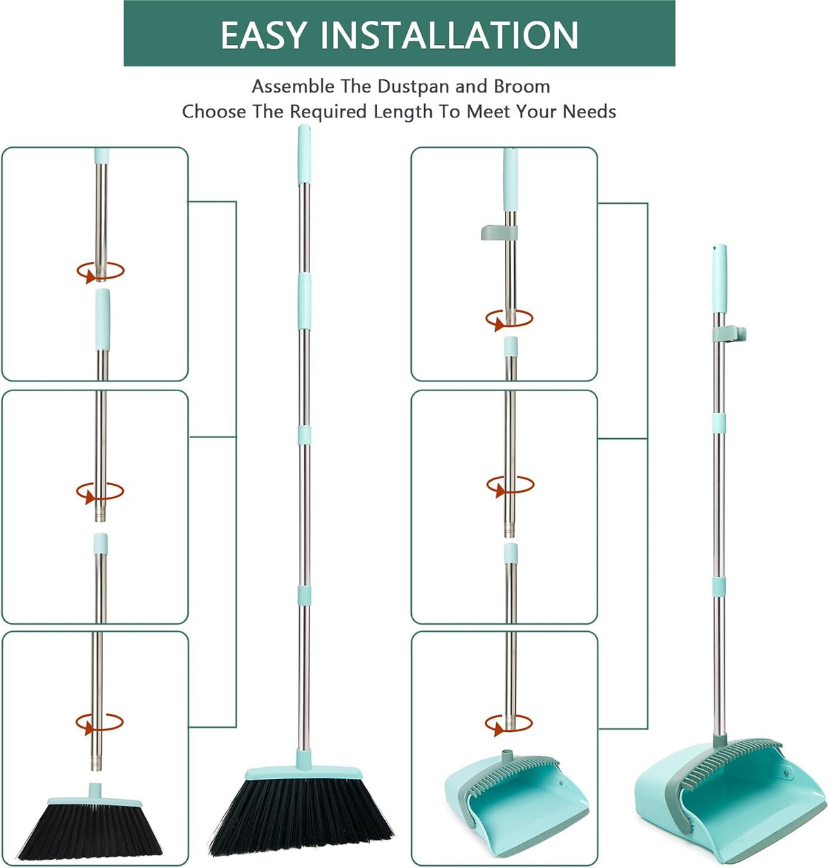 Broom and Dustpan Combo Set,55" Long Handle,Green