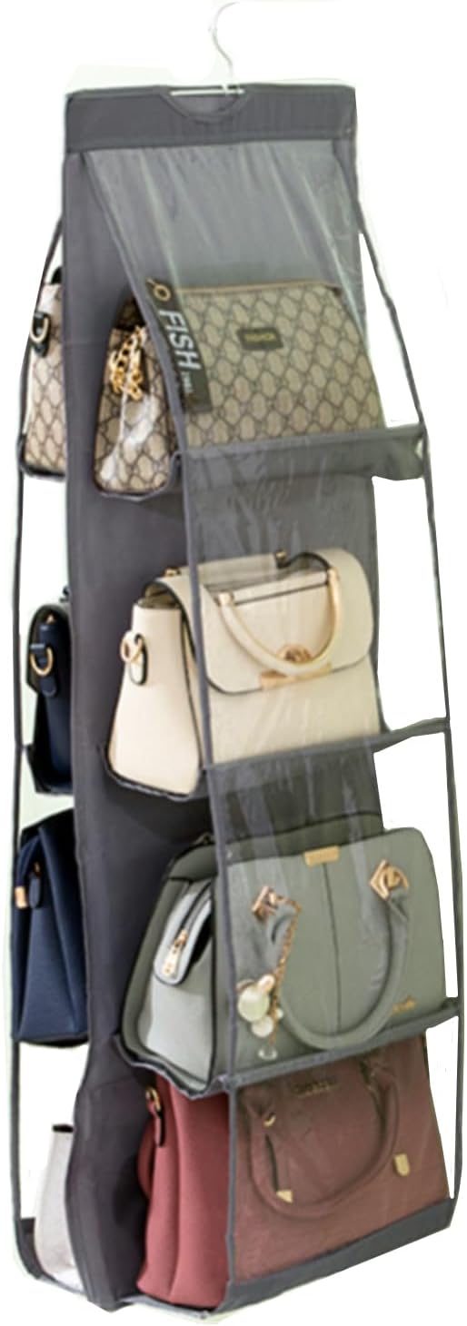 HAN SHENG 8-Pocket Clear Hanging Purse Organizer for Closet, Grey, 1 Pack