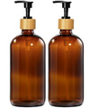 GMISUN Amber Glass Soap Dispenser, 2 Pack Bathroom Hand Soap Dispensers with Bamboo Pump, 17 Fl Oz Kitchen Hand and Dish Soap Dispenser Set, Modern Vintage Liquid Brown Soap Dispensers Bottle