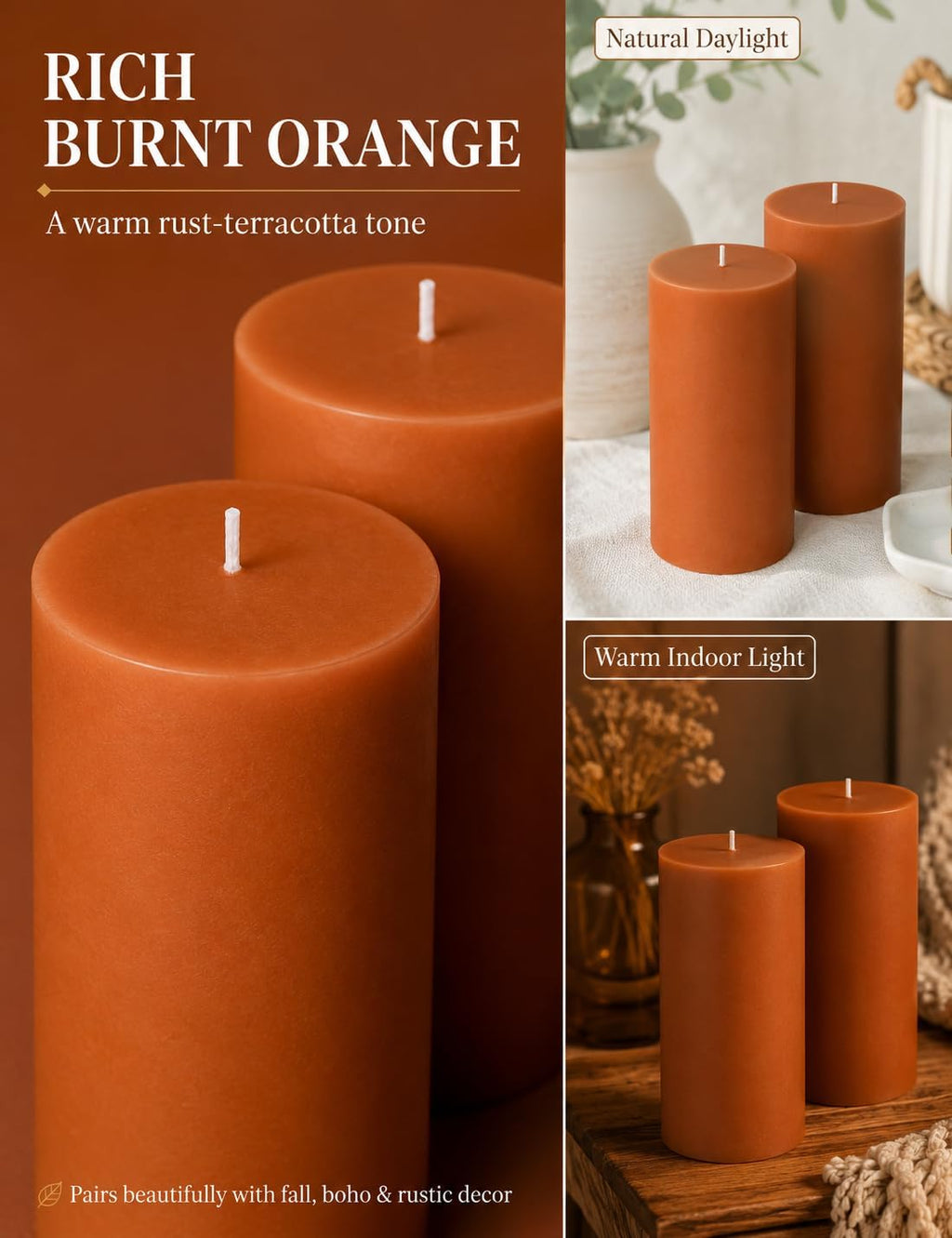 2 Pack 3 x 6 Inch Burnt Orange Unscented Pillar Candles