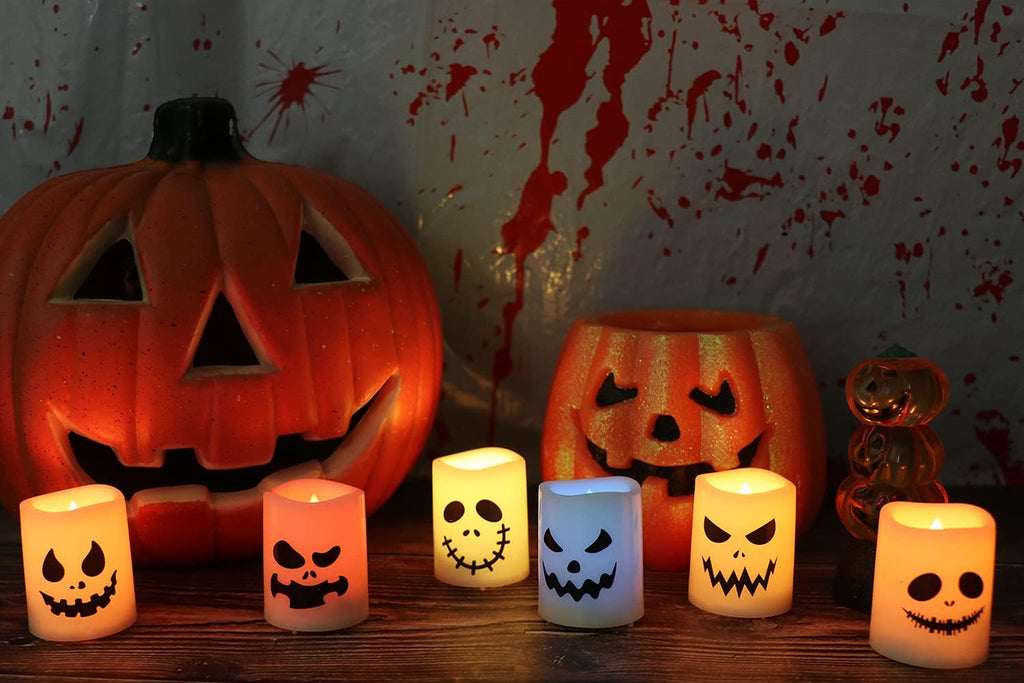 GenSwin Halloween Flameless Candles Color Changing with Remote Timer, Halloween Decorations Ghost Face Battery Operated Tealight Candles, Colorful LED Votive Candles for Home Decor(12 Pack, 1.5” x 2”)