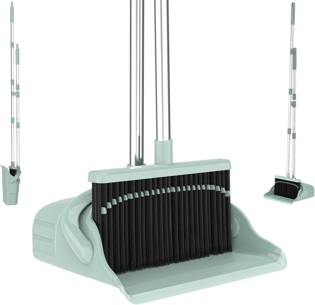 Broom and Dustpan Set, 52-Inch Adjustable Long Handle with Self-Cleaning Comb Teeth, Flexible TPR Lip and Foot-Assisted Fold-Up Dustpan for Pet Hair, Dust, Crumbs and Hard Floors, Green