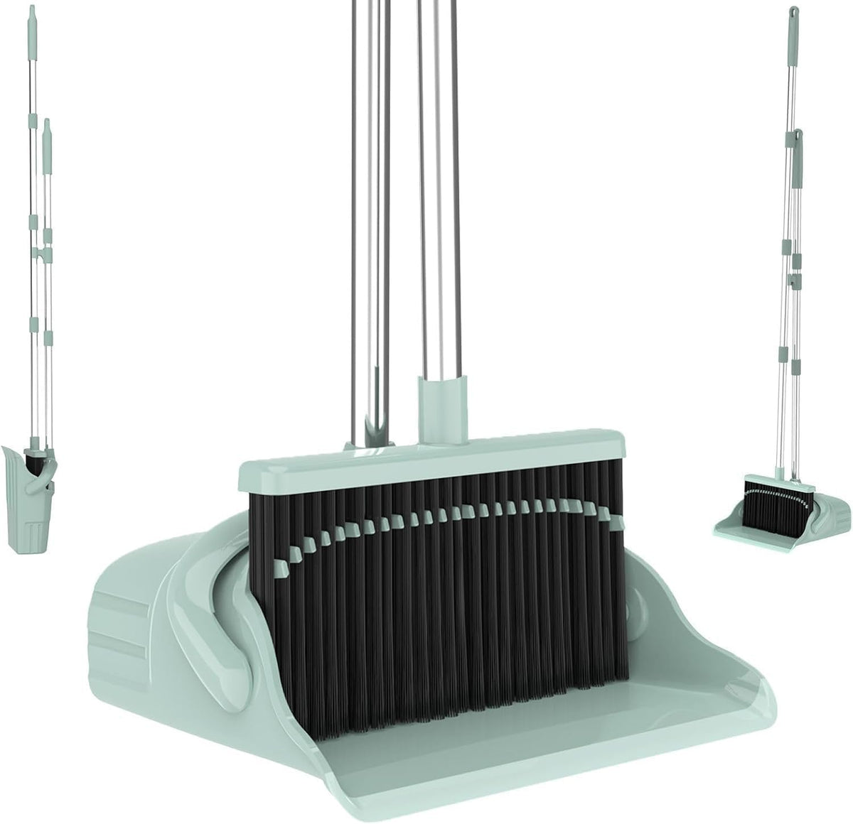 Broom and Dustpan Set, 52-Inch Adjustable Long Handle with Self-Cleaning Comb Teeth, Flexible TPR Lip and Foot-Assisted Fold-Up Dustpan for Pet Hair, Dust, Crumbs and Hard Floors, Green