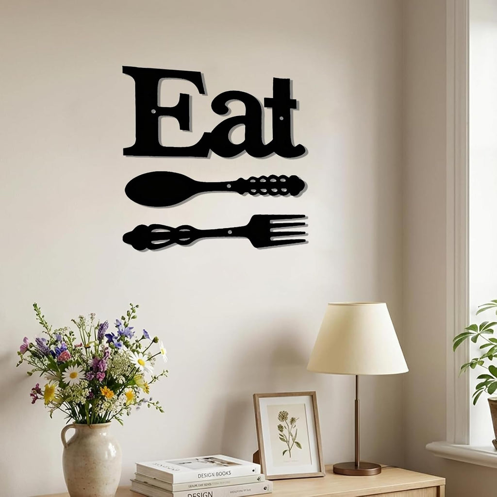 DUOOLN Metal Kitchen Eat Signs Wall Decor, Modern Kitchenware Line Art, Rustic Home Hanging Pictures Country Farmhouse Sign For Mardi Gras Easter Dining Room - Black