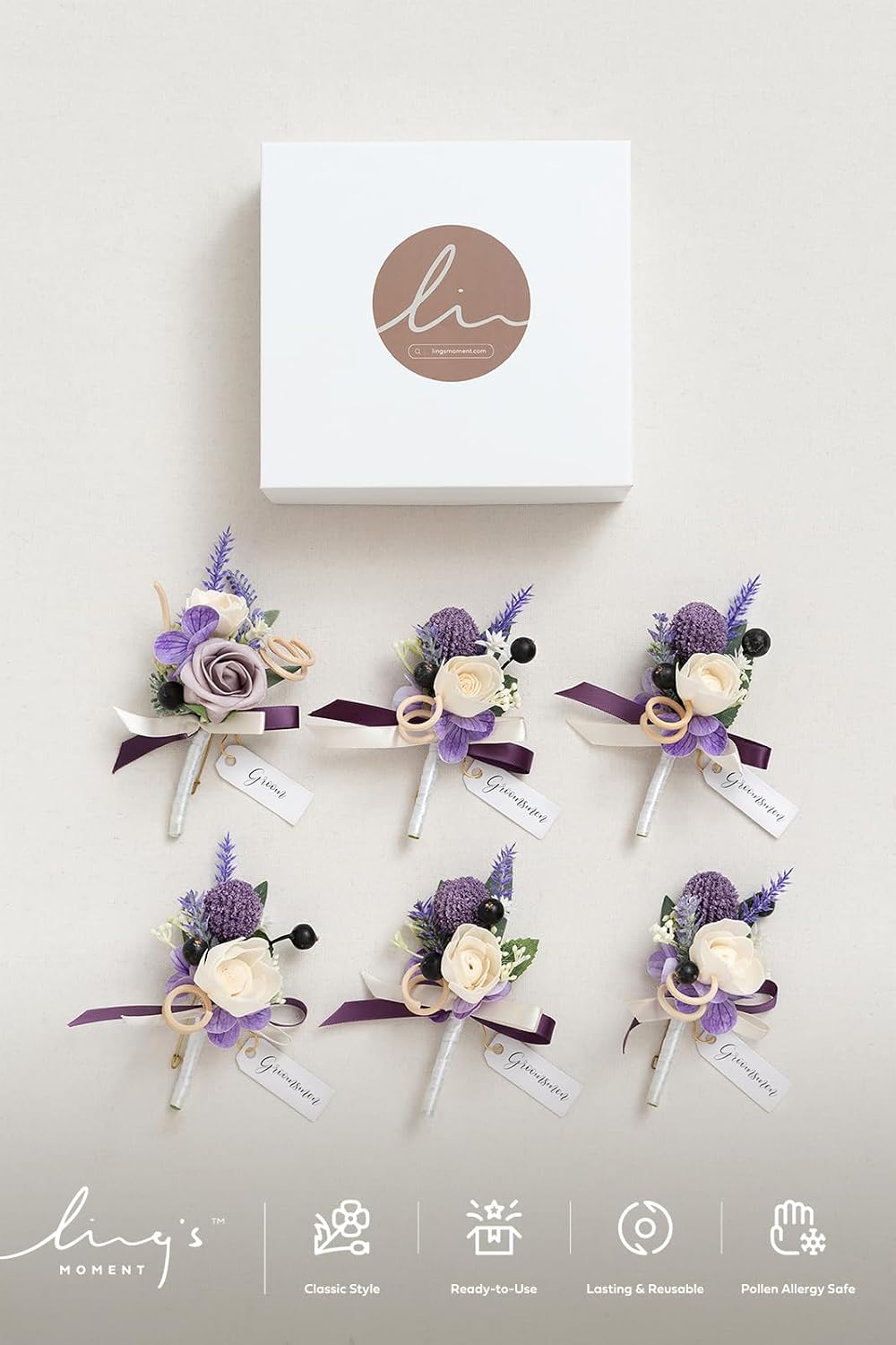 Ling's moment Boutonniere for Men, Purple Lavender Lilac, 6pcs