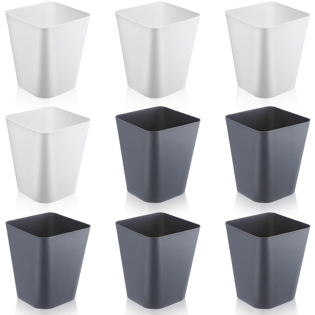 Hoolerry 9 Pieces Garbage Can 2 Gallon Small Trash Cans Bulk Bathroom Trash Bin Plastic Wastebasket Square for Bedroom Slim Bathroom Trashcan Small Container for Kitchen Office Home Rooms(White,Grey)
